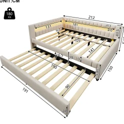 Lit Gigogne 140x200 cm - Lit Adulte avec Sommier Coulissant et LED Télécommandée, Revêtement en Lin - sans Matelas - Beige