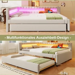 Lit Gigogne 140x200 cm - Lit Adulte avec Sommier Coulissant et LED Télécommandée, Revêtement en Lin - sans Matelas - Beige