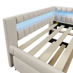 Lit Gigogne 140x200 cm - Lit Adulte avec Sommier Coulissant et LED Télécommandée, Revêtement en Lin - sans Matelas - Beige