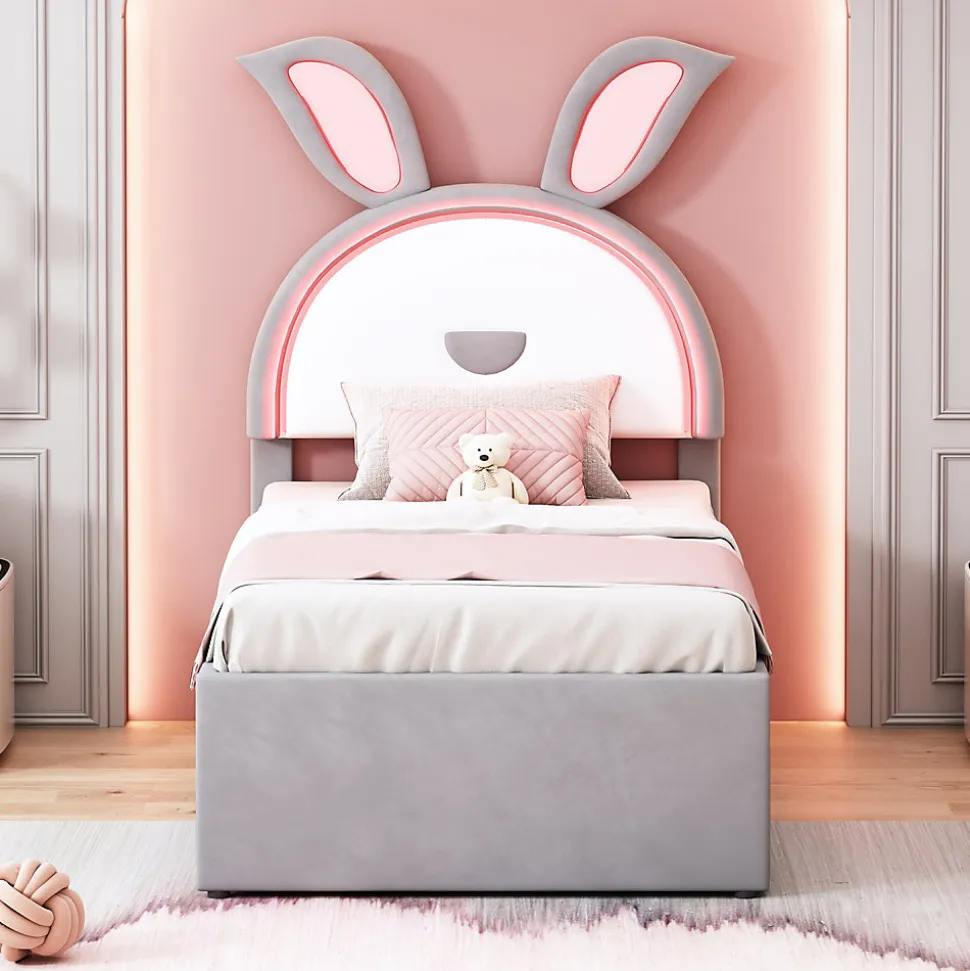 Lit Gigogne 90x200 cm - Lit avec Tiroirs de Rangement et Éclairage LED Changeant, en Velours Gris, Sans Matelas