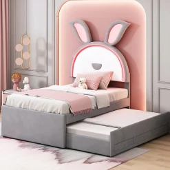 Lit Gigogne 90x200 cm - Lit avec Tiroirs de Rangement et Éclairage LED Changeant, en Velours Gris, Sans Matelas