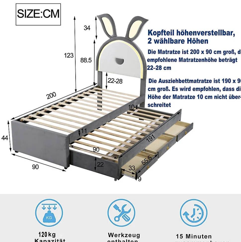 Lit Gigogne 90x200 cm - Lit avec Tiroirs de Rangement et Éclairage LED Changeant, en Velours Gris, Sans Matelas