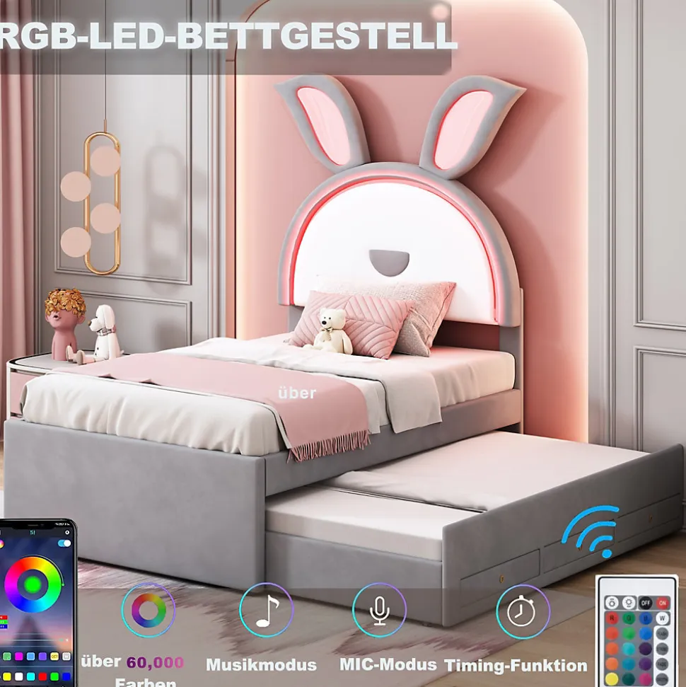 Lit Gigogne 90x200 cm - Lit avec Tiroirs de Rangement et Éclairage LED Changeant, en Velours Gris, Sans Matelas