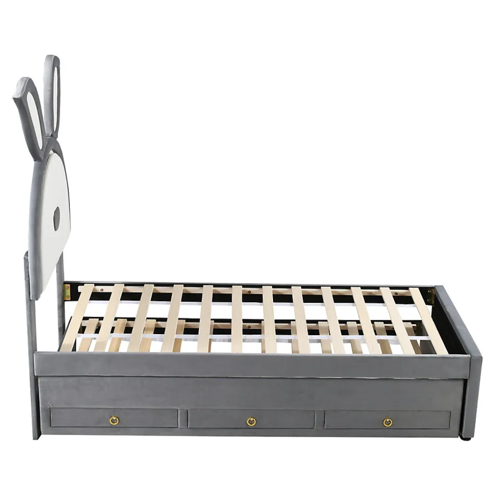 Lit Gigogne 90x200 cm - Lit avec Tiroirs de Rangement et Éclairage LED Changeant, en Velours Gris, Sans Matelas