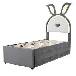 Lit Gigogne 90x200 cm - Lit avec Tiroirs de Rangement et Éclairage LED Changeant, en Velours Gris, Sans Matelas