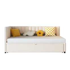Lit Gigogne 90/180x200 cm - Lit avec Canapé-Lit Coulissant, Multifonction pour enfants et Invités, en Velours Beige, Sans Matelas