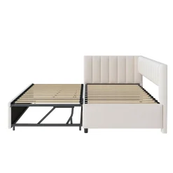 Lit Gigogne 90/180x200 cm - Lit avec Canapé-Lit Coulissant, Multifonction pour enfants et Invités, en Velours Beige, Sans Matelas