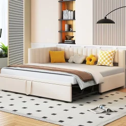 Lit Gigogne 90/180x200 cm - Lit avec Canapé-Lit Coulissant, Multifonction pour enfants et Invités, en Velours Beige, Sans Matelas