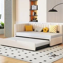 Lit Gigogne 90/180x200 cm - Lit avec Canapé-Lit Coulissant, Multifonction pour enfants et Invités, en Velours Beige, Sans Matelas