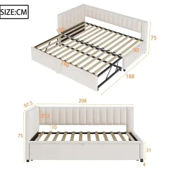 Lit Gigogne 90/180x200 cm - Lit avec Canapé-Lit Coulissant, Multifonction pour enfants et Invités, en Velours Beige, Sans Matelas