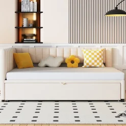 Lit Gigogne 90/180x200 cm - Lit avec Canapé-Lit Coulissant, Multifonction pour enfants et Invités, en Velours Beige, Sans Matelas