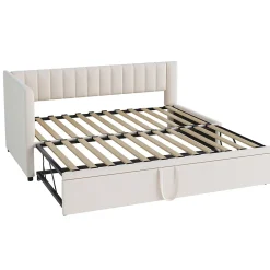 Lit Gigogne 90/180x200 cm - Lit avec Canapé-Lit Coulissant, Multifonction pour enfants et Invités, en Velours Beige, Sans Matelas