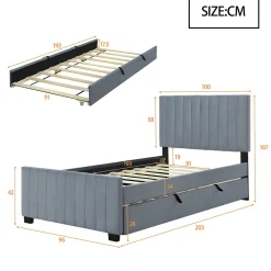 Lit Gigogne 90x190 cm - Lit avec Lit Supplémentaire, Tissu Velours Doux, Gris, Sans Matelas