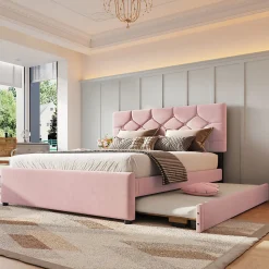Lit Gigogne 140x200 cm - Lit Banquette Double Rembourré avec Sommier - Velours + MDF - Sans Matelas - Rose