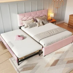 Lit Gigogne 140x200 cm - Lit Banquette Double Rembourré avec Sommier - Velours + MDF - Sans Matelas - Rose