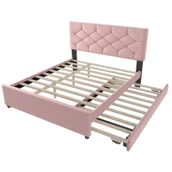 Lit Gigogne 140x200 cm - Lit Banquette Double Rembourré avec Sommier - Velours + MDF - Sans Matelas - Rose