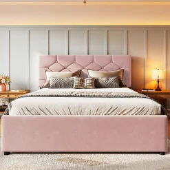 Lit Gigogne 140x200 cm - Lit Banquette Double Rembourré avec Sommier - Velours + MDF - Sans Matelas - Rose