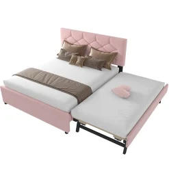 Lit Gigogne 140x200 cm - Lit Banquette Double Rembourré avec Sommier - Velours + MDF - Sans Matelas - Rose