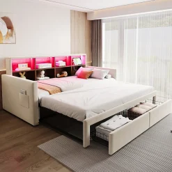 Lit Gigogne 90x190 cm - Lit Capitonné avec LED, 2 Tiroirs et Compartiments pour Enfant - Velours, MDF, Beige - sans Matelas