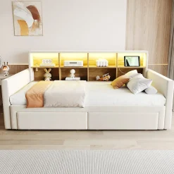 Lit Gigogne 90x190 cm - Lit Capitonné avec LED, 2 Tiroirs et Compartiments pour Enfant - Velours, MDF, Beige - sans Matelas