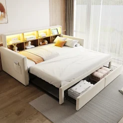 Lit Gigogne 90x190 cm - Lit Capitonné avec LED, 2 Tiroirs et Compartiments pour Enfant - Velours, MDF, Beige - sans Matelas