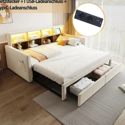 Lit Gigogne 90x190 cm - Lit Capitonné avec LED, 2 Tiroirs et Compartiments pour Enfant - Velours, MDF, Beige - sans Matelas