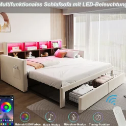 Lit Gigogne 90x190 cm - Lit Capitonné avec LED, 2 Tiroirs et Compartiments pour Enfant - Velours, MDF, Beige - sans Matelas
