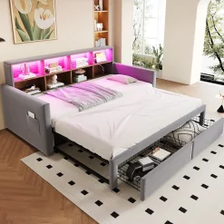 Lit Gigogne 90x190 cm - Lit Capitonné avec LED, 2 Tiroirs et Compartiments pour Enfant - Velours, MDF, Gris Clair - sans Matelas