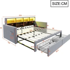 Lit Gigogne 90x190 cm - Lit Capitonné avec LED, 2 Tiroirs et Compartiments pour Enfant - Velours, MDF, Gris Clair - sans Matelas