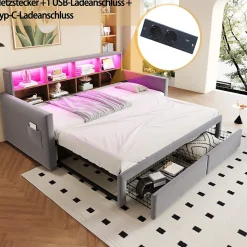 Lit Gigogne 90x190 cm - Lit Capitonné avec LED, 2 Tiroirs et Compartiments pour Enfant - Velours, MDF, Gris Clair - sans Matelas