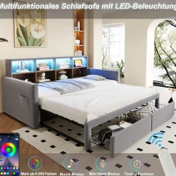 Lit Gigogne 90x190 cm - Lit Capitonné avec LED, 2 Tiroirs et Compartiments pour Enfant - Velours, MDF, Gris Clair - sans Matelas