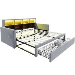 Lit Gigogne 90x190 cm - Lit Capitonné avec LED, 2 Tiroirs et Compartiments pour Enfant - Velours, MDF, Gris Clair - sans Matelas