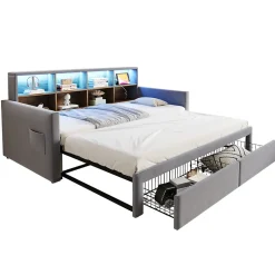Lit Gigogne 90x190 cm - Lit Capitonné avec LED, 2 Tiroirs et Compartiments pour Enfant - Velours, MDF, Gris Clair - sans Matelas