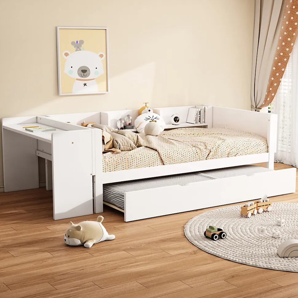 Lit Gigogne 90x200 cm - Lit Combiné enfant avec Bureau et 3 Étagères - Sans Matelas - Blanc