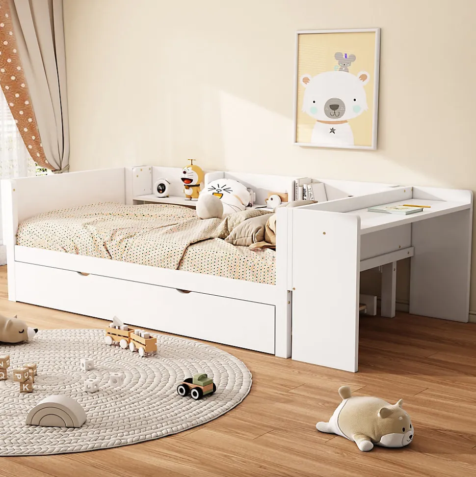 Lit Gigogne 90x200 cm - Lit Combiné enfant avec Bureau et 3 Étagères - Sans Matelas - Blanc