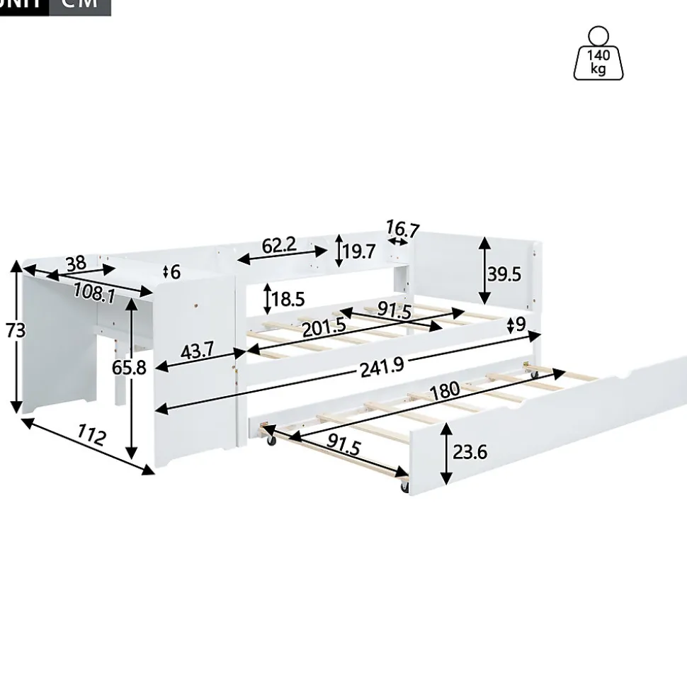 Lit Gigogne 90x200 cm - Lit Combiné enfant avec Bureau et 3 Étagères - Sans Matelas - Blanc