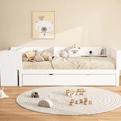 Lit Gigogne 90x200 cm - Lit Combiné enfant avec Bureau et 3 Étagères - Sans Matelas - Blanc
