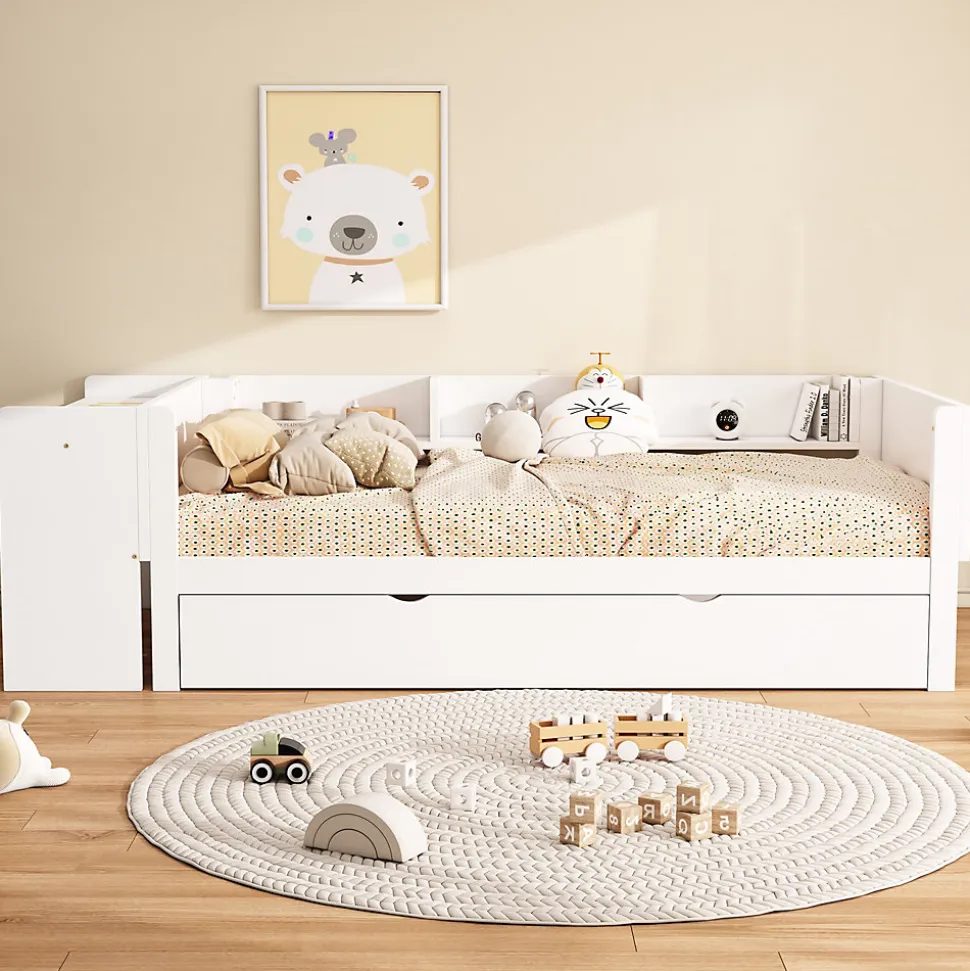 Lit Gigogne 90x200 cm - Lit Combiné enfant avec Bureau et 3 Étagères - Sans Matelas - Blanc