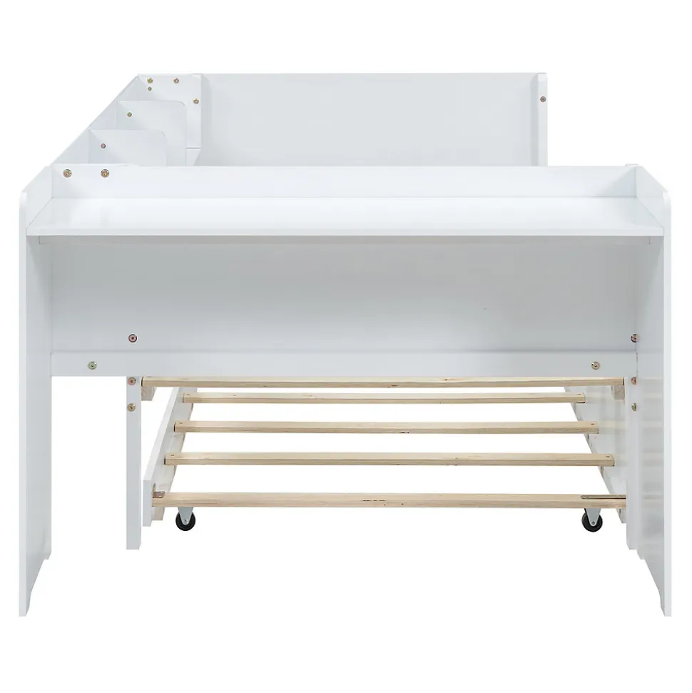 Lit Gigogne 90x200 cm - Lit Combiné enfant avec Bureau et 3 Étagères - Sans Matelas - Blanc