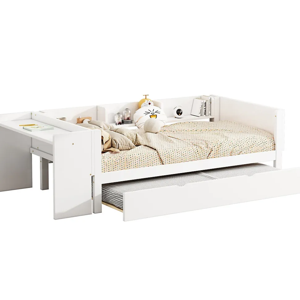 Lit Gigogne 90x200 cm - Lit Combiné enfant avec Bureau et 3 Étagères - Sans Matelas - Blanc
