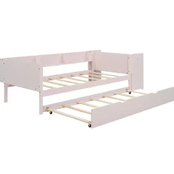 Lit Gigogne 90x200 cm - Lit Combiné enfant avec Bureau et 3 Étagères - Sans Matelas - Rose