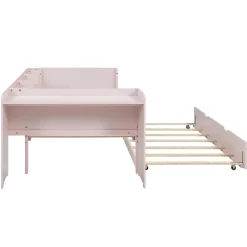 Lit Gigogne 90x200 cm - Lit Combiné enfant avec Bureau et 3 Étagères - Sans Matelas - Rose