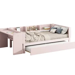 Lit Gigogne 90x200 cm - Lit Combiné enfant avec Bureau et 3 Étagères - Sans Matelas - Rose