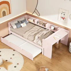 Lit Gigogne 90x200 cm - Lit Combiné enfant avec Bureau et 3 Étagères - Sans Matelas - Rose