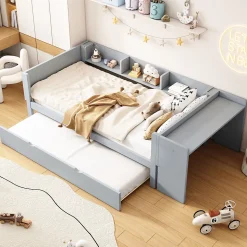 Lit Gigogne 90x200 cm - Lit Combiné enfant avec Bureau et 3 Étagères - Sans Matelas - Gris