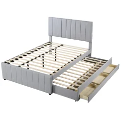 Lit Gigogne 140x200 cm - Lit Double avec Tiroirs et Lit enfant 90x190 cm, Structure en MDF et Lin, Sans Matelas - Gris