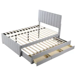 Lit Gigogne 140x200 cm - Lit Double avec Tiroirs et Lit enfant 90x190 cm, Structure en MDF et Lin, Sans Matelas - Gris