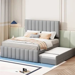 Lit Gigogne 140x200 cm - Lit Double avec Tiroirs et Lit enfant 90x190 cm, Structure en MDF et Lin, Sans Matelas - Gris