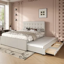Lit Gigogne 140x200 cm - Lit Double Ado avec Tête de Lit Réglable et 3 Tiroirs - Sans Matelas - Lin Beige