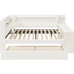 Lit Gigogne 140x200 cm - Lit Double Rembourré avec LED et Ports USB, Bureau Intégré, sans Matelas - MDF Blanc